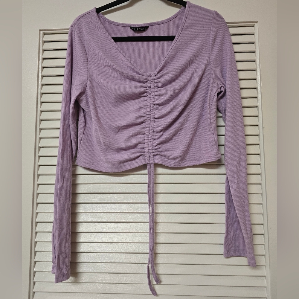 SHEIN - Purple Ruched Ribbed Long-Sleeve Crop Top
